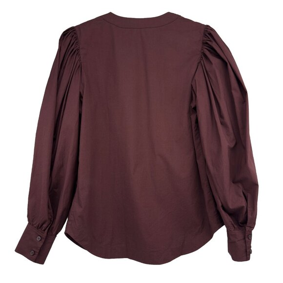 COS Puff-Sleeve V-Neck Cotton-Stretch Burgundy Minimalist Blouse EU 36 US S - Picture 6 of 10